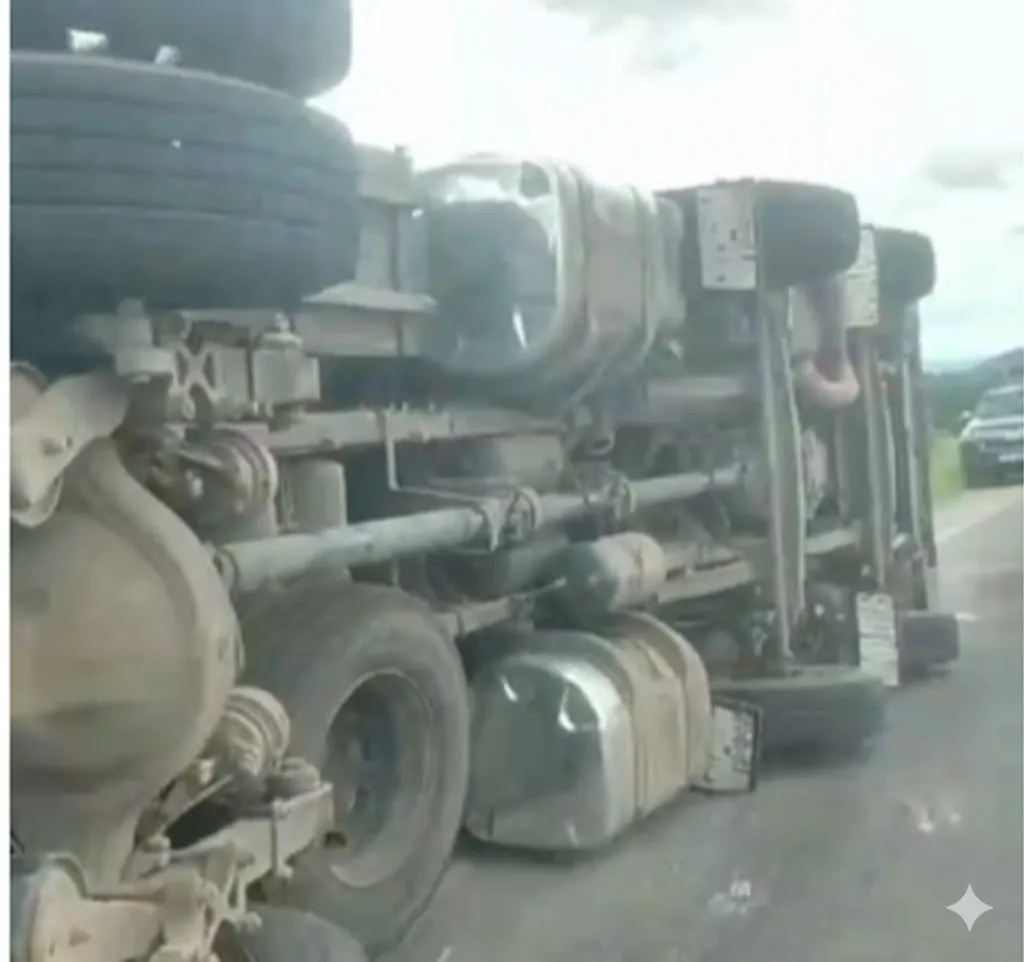 Caminhão de mangas tomba em acesso a Dom Basílio e chama atenção de moradores