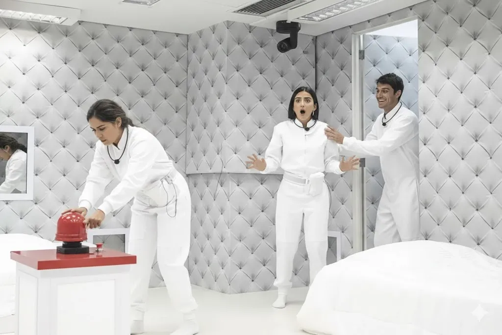 Participantes do BBB 26 dentro do Quarto Branco, ambiente totalmente branco com botão vermelho de desistência