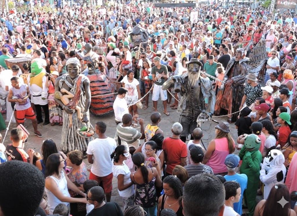 Cena do Carnaval de Rio de Contas com bonecos gigantes, pessoas fantasiadas e multidão celebrando nas ruas históricas da cidade.